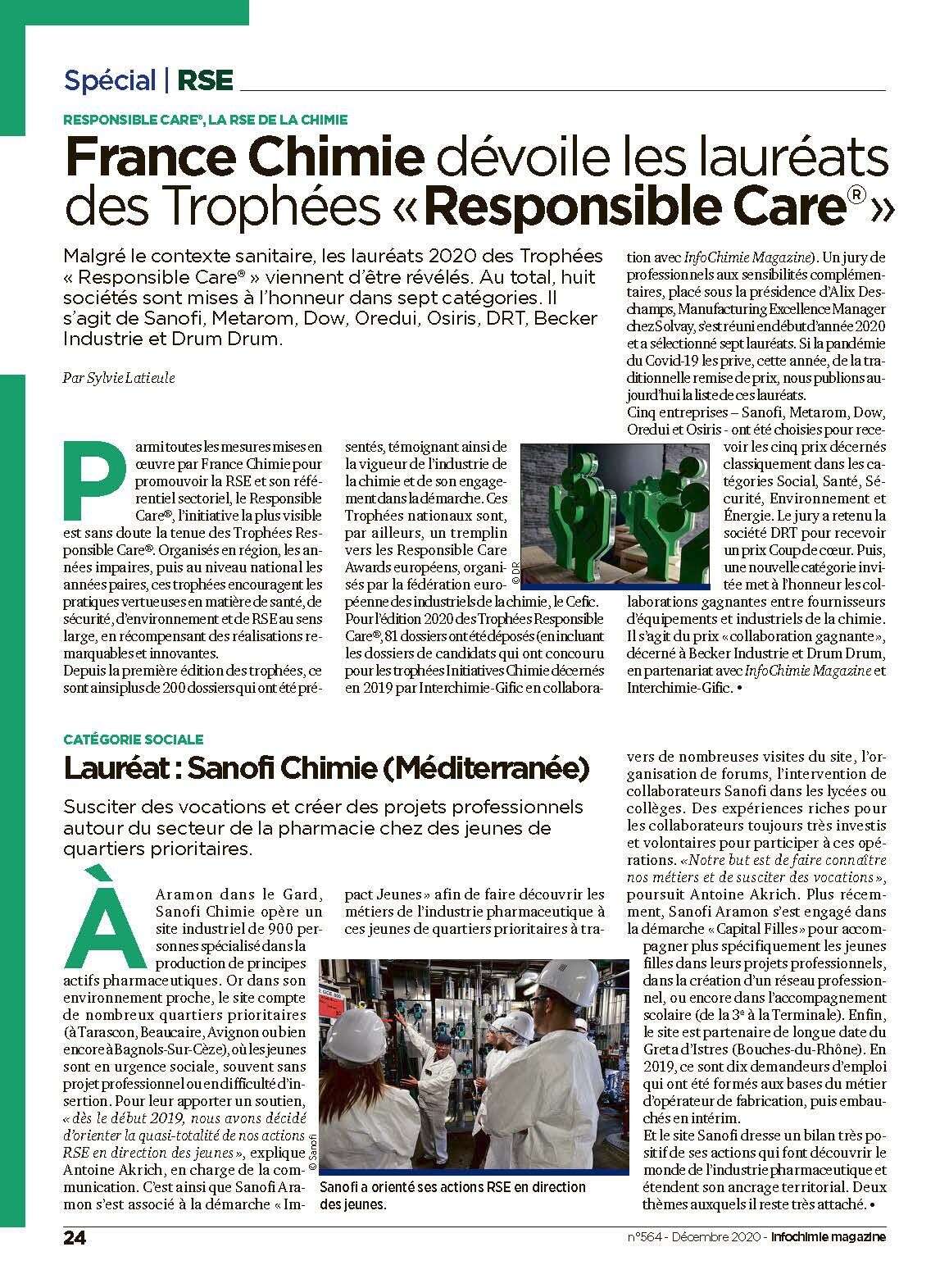 A lire dans Info Chimie : Les lauréats des trophées « Responsible Care » 2020