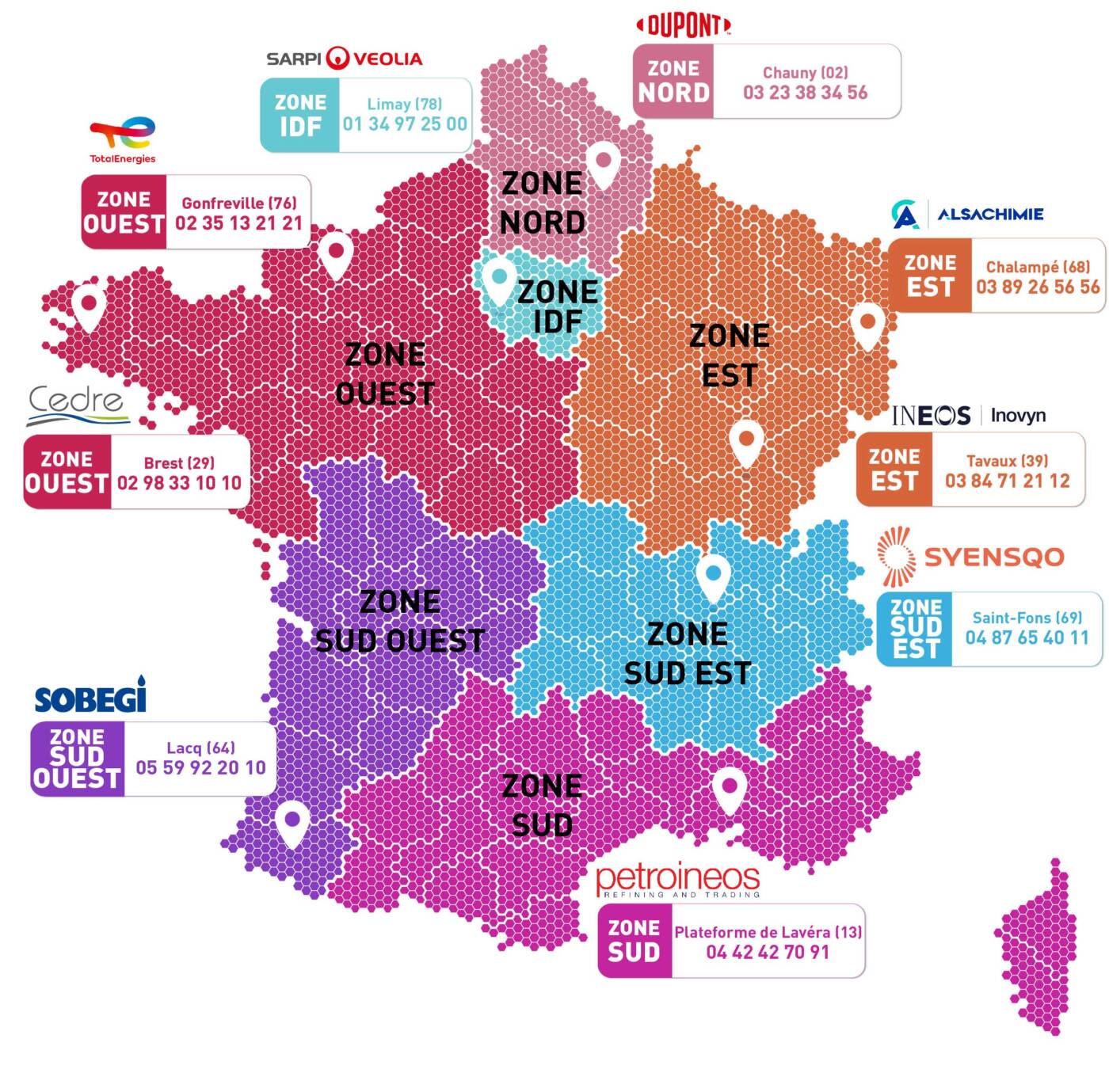 Carte des centres d'appui Transaid à contacter en cas d'incident pour le transport de matières dangereuses. Les centres d’appui sont l’interface entre les industriels adhérant à Transaid et les services de secours.