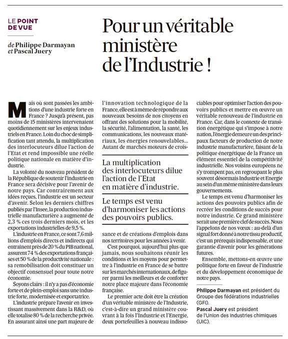 Tribune de Philippe Darmayan et Pascal Juéry - Pour un véritable Ministère de l’Industrie 